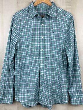 Vineyard Vines Mens Performance Classic Fit Long Sleeve Green Plaid Shirt Medium